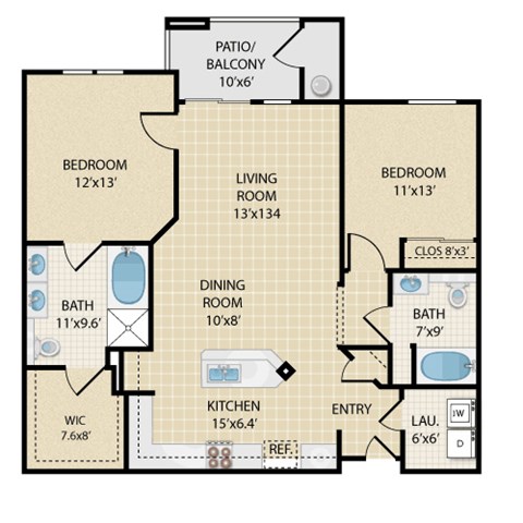 Floor plan for 2 beds, 2 baths, 1199 sqft